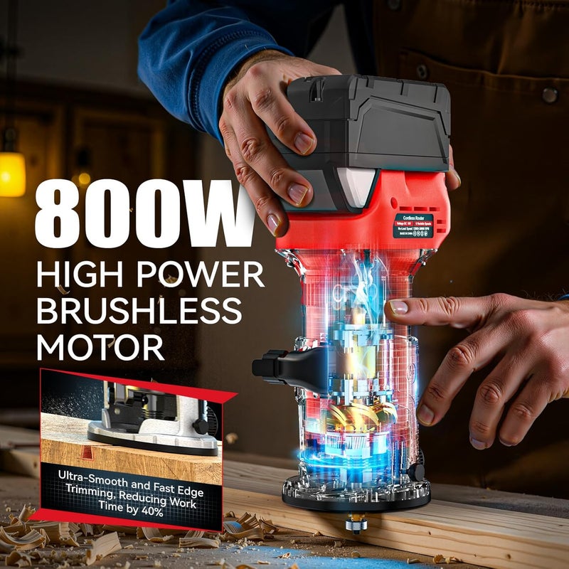 MtiolHig Cordless Compact Router Compatible with Milwaukee Battery, 6 Variable Speeds Router Tool for Woodworking, 800W Fixed Base Wood Router with Trim Router Bits, Bare Tool - Image 2